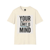 Printify inspirational quote t-shirt with Your Only Limit Is Your Mind text on beige fabric