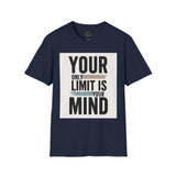 Navy blue Printify inspirational quote t-shirt with Your Only Limit Is Your Mind text design