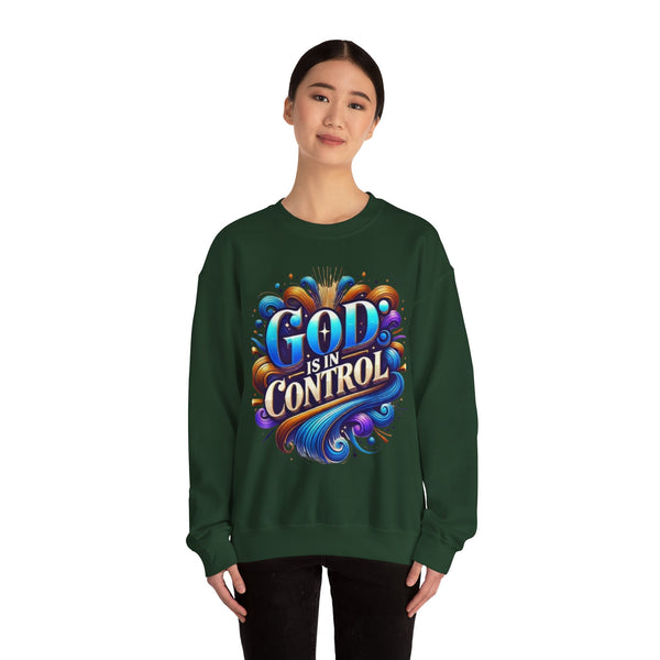 Printify God is in Control Sweatshirt - Bold Inspirational Design