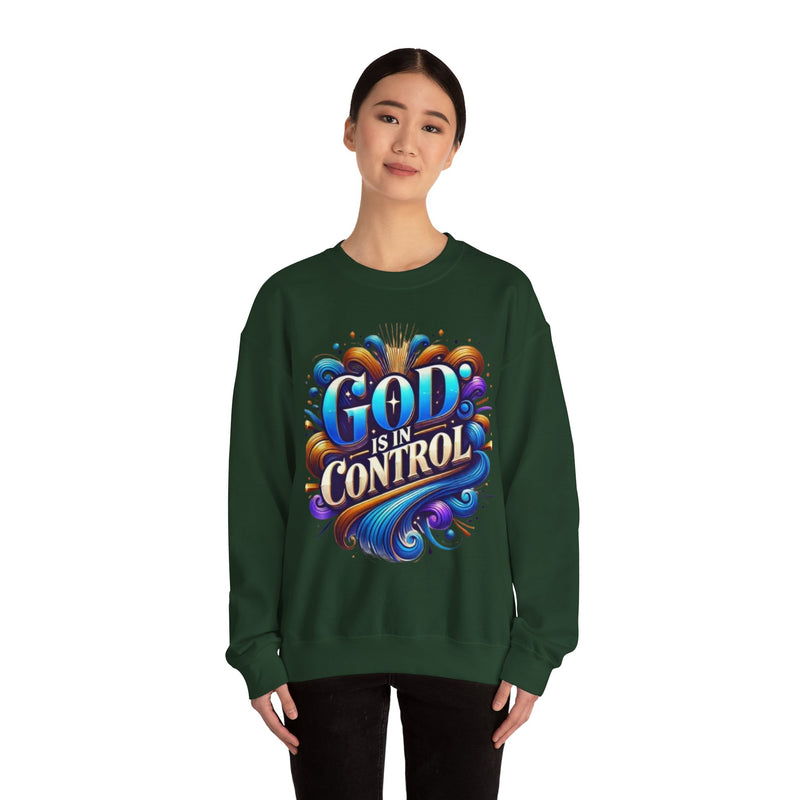 Printify God is in Control Sweatshirt - Bold Inspirational Design
