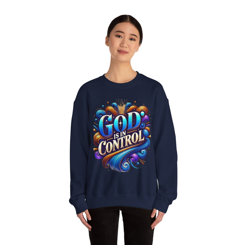 Printify God is in Control Sweatshirt - Bold Inspirational Design