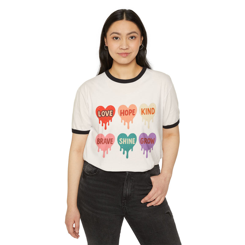 Unisex Cotton Ringer T-Shirt - Love, Hope, Kindness | Trendy Graphic Tee for Positive Vibes.