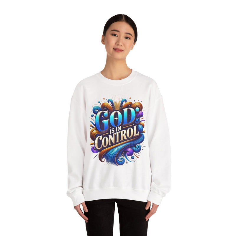 Printify God is in Control Sweatshirt - Bold Inspirational Design