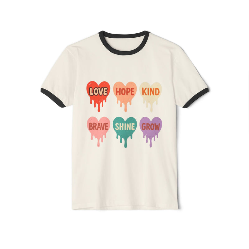Unisex Cotton Ringer T-Shirt - Love, Hope, Kindness | Trendy Graphic Tee for Positive Vibes.
