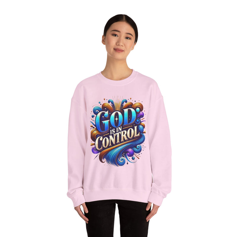 Printify God is in Control Sweatshirt - Bold Inspirational Design