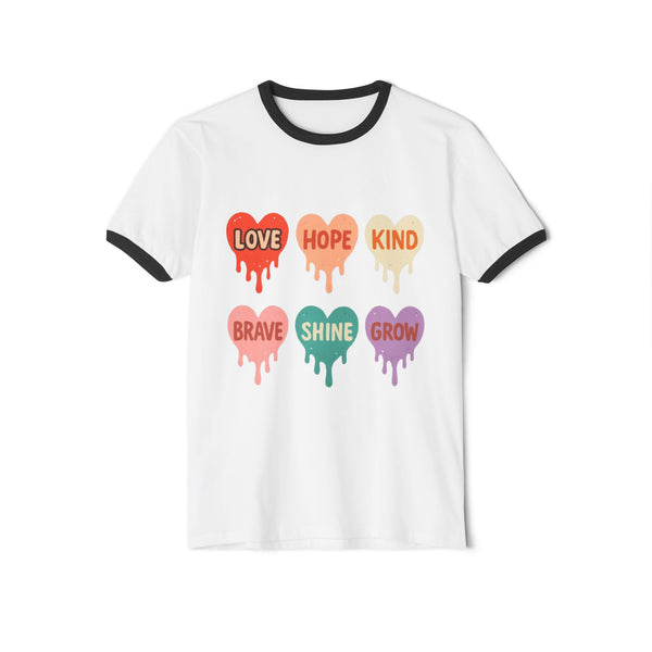 Unisex Cotton Ringer T-Shirt - Love, Hope, Kindness | Trendy Graphic Tee for Positive Vibes.