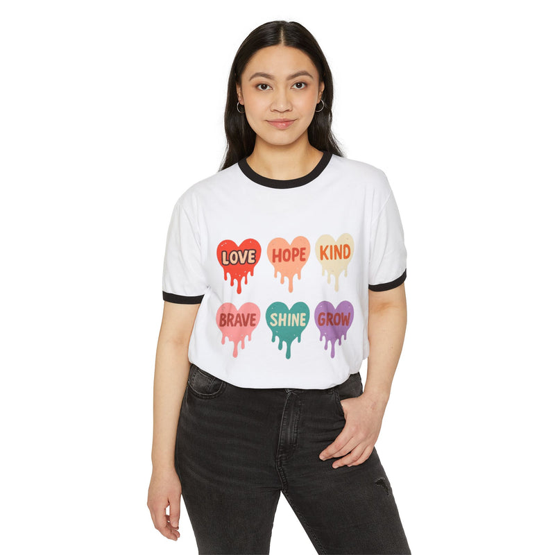 Unisex Cotton Ringer T-Shirt - Love, Hope, Kindness | Trendy Graphic Tee for Positive Vibes.