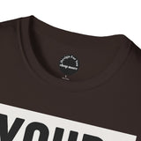Close-up of a Printify inspirational quote t-shirt in dark color with bold black and white text design