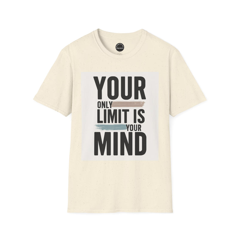 Printify inspirational quote t-shirt with Your Only Limit Is Your Mind text on beige fabric
