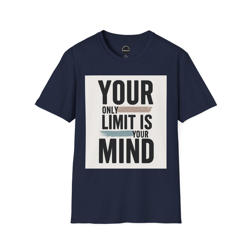 Navy blue Printify inspirational quote t-shirt with Your Only Limit Is Your Mind text design
