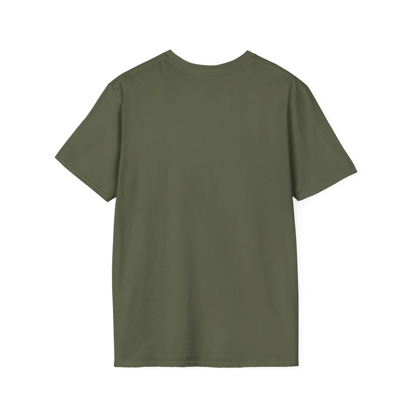Plain olive green inspirational quote t-shirt by Printify shown from the back
