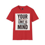 Red Printify inspirational quote t-shirt with your only limit is your mind text design