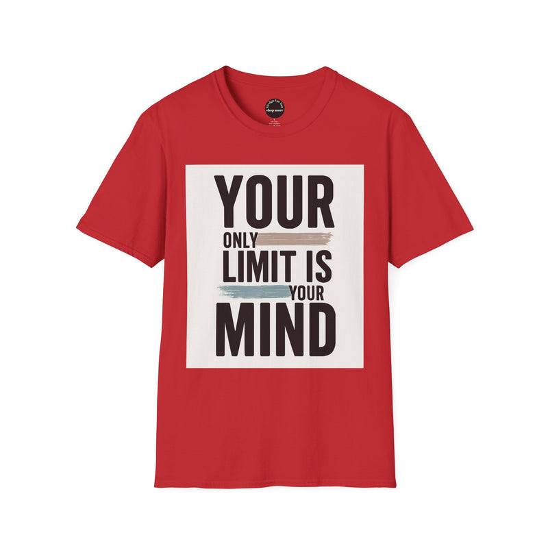 Red Printify inspirational quote t-shirt with your only limit is your mind text design